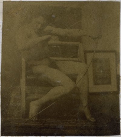 Estudo de um modelo nu masculino, sentado num degrau, visto de frente com uma corda e uma vénia no colo, no estúdio de Jacques de Lalaing de Jacques Lalaing (attributed to)