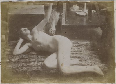Estudo de uma modelo nua feminina, deitada sobre pele de tigre, no estúdio de Jacques de Lalaing de Jacques Lalaing (attributed to)