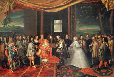 Encontro entre Luís XIV e Filipe IV na Ilha des Faisans, 7 de novembro de 1659 (óleo sobre tela) de Jacques Laumosnier