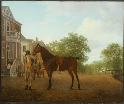 Um cavalheiro segurando um cavalo selado em uma rua por um canal de Jacques Laurent Agasse