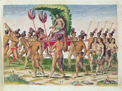 Uma noiva é levada para o chefe, de &39;Brevis Narratio ..&39;, gravada por Theodore de Bry (1528-98), publicada em Frankfurt, 1591 (gravura colorida) de Jacques Le Moyne