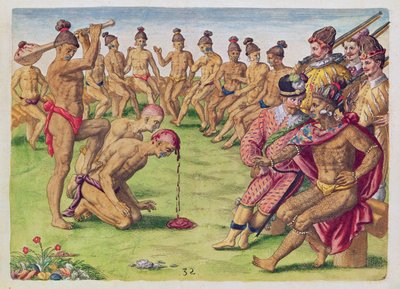 Como um Sentinela foi tratado por negligência, de &39;Brevis Narratio ..&39;, gravado por Theodore de Bry (1528-98) publicado em Frankfurt, 1591 de Jacques Le Moyne