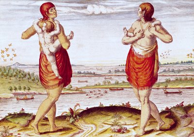 Como as mulheres de Dasamonquepeuc carregam seus filhos, de &39;Admiranda Narratio ..&39;, gravada por Theodore de Bry (1528-88) 1585-88 de Jacques Le Moyne