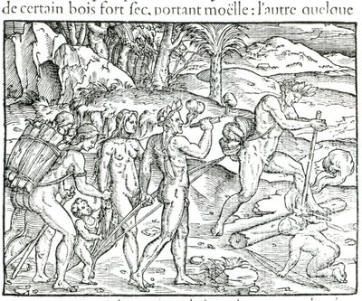 Nativos indianos fazendo fogo depois de caçar, gravados por Theodor de Bry (1525-1575) de Jacques Le Moyne