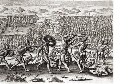 Outina derrota Patanou com a ajuda dos franceses, Flórida, 1564, de "Brevis Narratio" gravada por Theodore de Bry (1528-98) 1591 (ver também 223425 e 173458) de Jacques Le Moyne