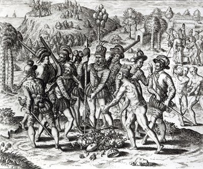 Espanhóis recebendo presentes de índios, de &39;História&39;, de 1598, gravados por Theodor de Bry (1528-98) de Jacques Le Moyne