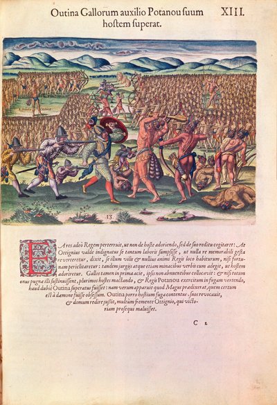 Os franceses ajudam os índios em batalha, de &39;Brevis Narratio ..&39;, gravado por Theodore de Bry (1528-98) publicado em Frankfurt, 1591 (ver também 111679) de Jacques Le Moyne