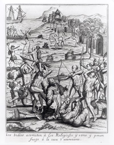 Os índios atacam os sacerdotes e outros e atearam fogo em suas casas, gravados em "Americae", escritos e gravados por Theodor de Bry (1528-98). de Jacques Le Moyne