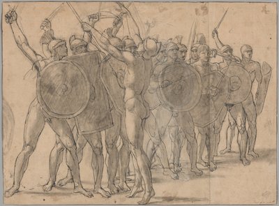 Soldados nus gesticulando com suas armas (reto); Dois estudos de cortinas para a figura de Tatius (verso) de Jacques Louis David