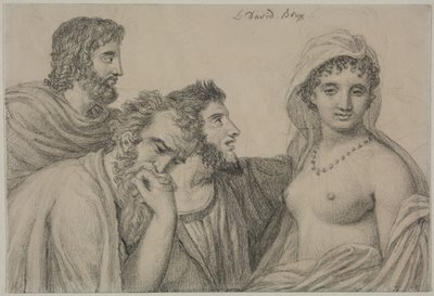 Phryné perante os Juízes, c.1816-1820 (giz preto sobre papel de cera) de Jacques Louis David