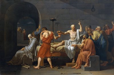 Suicídio de Socrate, antigo filósofo grego (5º Siecle av. JC) teve de beber charuto depois de ser acusado de impiedade e corrupção juvenil de Jacques Louis David