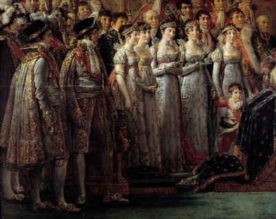 O Rito de Napoleão. Detalhe dos irmãos e irmãs do Imperador durante o Sacro do Imperador Napoleão I Bonaparte e a coroação da Imperatriz Josefina em Notre-Dame de Paris, em 2 de dezembro de Jacques Louis David