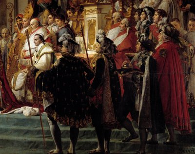 O Rito de Napoleão. Detalhe do primeiro plano com o Papa Pio VII durante o Sacro do Imperador Napoleão I Bonaparte e a coroação da Imperatriz Josefina em Notre-Dame de Paris no dia 2 de dezembro de Jacques Louis David