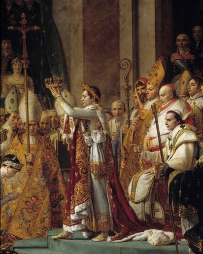 O Rito de Napoleão. Detalhe de Napoleão usando a coroa durante o Sacro do Imperador Napoleão I Bonaparte e coroação da Imperatriz Josefina em Notre-Dame de Paris em 2 de dezembro de Jacques Louis David