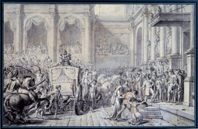 A chegada da carruagem do Imperador Napoleão I (1769-1821) ao Hotel de Ville de Paris em 16/12/1804 por ocasião do seu governo Desenho de Jacques Louis David (1748-1825) 1804 Sol. 0,26x0,4 m Paris, Musee du Louvre de Jacques Louis David