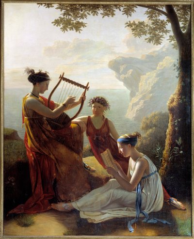 Poeta grego Sapho (Sappho) tocando lira e dois de seus companheiros Pintura de Jacques Louis Grandin (1780-?) 1808 Paris, Musee Marmottan de Jacques Louis Michel Grandin