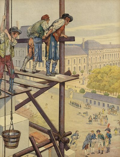 Trabalhadores da construção civil olhar para baixo do andaime na Place des Pyramides de Jacques Marie Gaston Onfray de Breville (Job)