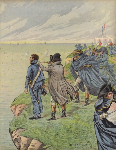 Napoleão Bonaparte inspecionando sua frota quando partem de Boulogne de Jacques Marie Gaston Onfray de Breville (Job)