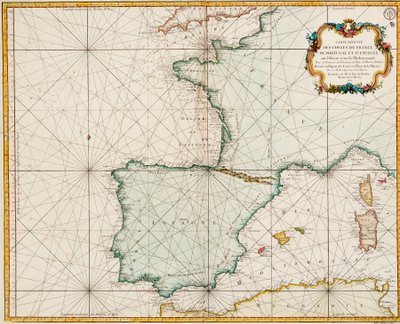 Carta da Europa Ocidental mostrando o meridiano de Paris como o principal de Jacques Nicolas Bellin