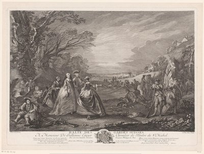 Paisagem com quatro figuras visitando um acampamento do exército
Halte des Gardes Suisses (título sobre o objecto) de Jacques Philippe Le Bas