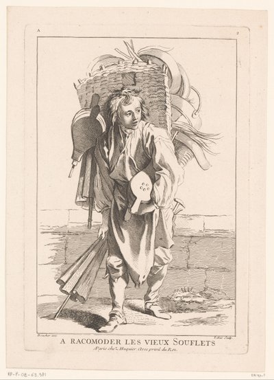 Vendedor de fole
A Racomoder les vieux Souflets (título sobre o objecto)
Cris de Paris (título da série)
Vendedores de rua de Paris (título da série) de Jacques Philippe Le Bas