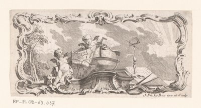 Vinheta com dois putti com mapa, globo e instrumentos de medição de Jacques Philippe Le Bas