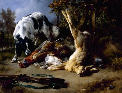 Spaniel com uma vida ainda do jogo morto, 1837 de Jacques Raymond Brascassat