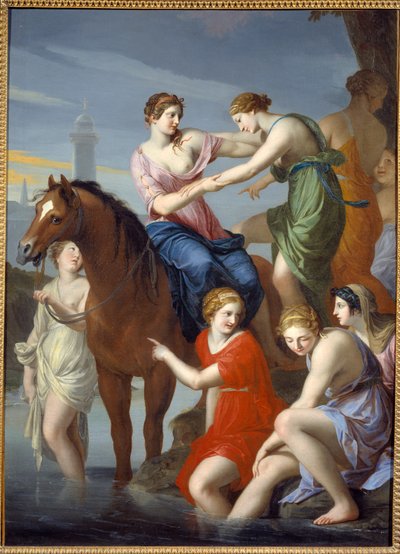 Roma Antiga: "Clelie passando o Tibre" A heroína romana entregou refém a Porsena, Rei dos Etruscos, que estava sitiando Roma, escapou com seus companheiros atravessando o Tibre em 507 AC. Pintura de Jacques Stella (1596-1657) Sol do século XVII. de Jacques Stella