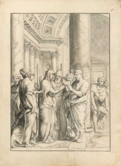 Casamento da Virgem, c.1640 (caneta e tinta preta, com pincel e lavado cinza e marrom claro e grafite, em papel colado creme remendado) de Jacques Stella