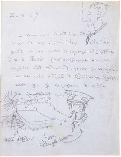 Carta autografada com desenhos de Jacques Vache