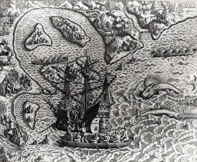 Johannes Staden chega a uma ilha desconhecida para descobrir que os portugueses já estão lá, de Americae, 1593, escritos e gravados por Theodor de Bry (1528-98). de Jacques d.158788 after Le Moyne