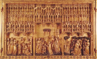 Retábulo de Santos e Mártires, painel central da decapitação de São João Batista, do Martírio de Santa Catarina de Alexandria e Santa Bárbara e da Tentação de Santo Antônio, c.1391 de Jacques de Baerze or Baers