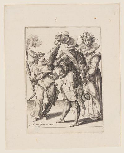 Um Cupido de olhos vendados segurando uma tocha diante de um casal, de The Masquerades de Jacques de Gheyn II