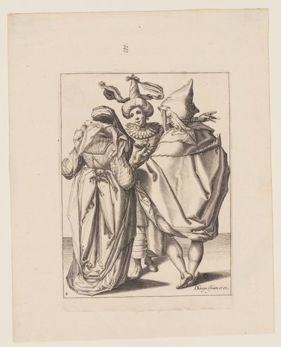 Um casal a dirigir-se a um jovem que gesticula, de The Masquerades de Jacques de Gheyn II