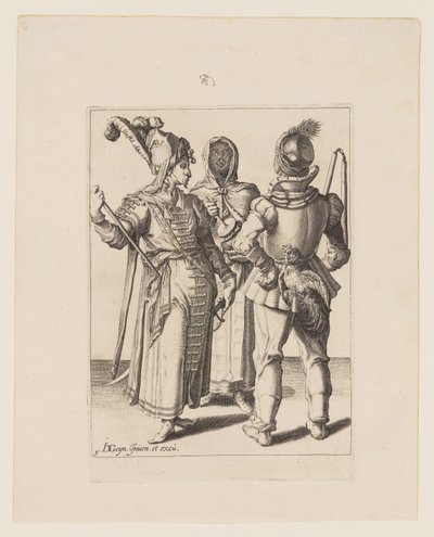 Um Grandee em traje oriental, um homem com um galo preso ao cinto e uma mulher velada tocando o Rumbling-Pot, de The Masquerades de Jacques de Gheyn II