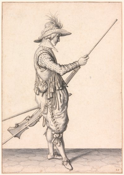 Um soldado a carregar um mosquete, "Ramme in Your Pouder" de Jacques de Gheyn II