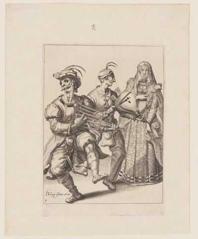 Uma mulher velada com dois músicos tocando um ferro de engomar e um fole, de As máscaras de Jacques de Gheyn II