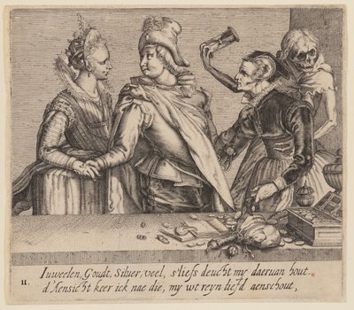 Um homem jovem entre uma mulher jovem e uma mulher velha, de Amantes desiguais de Jacques de Gheyn II