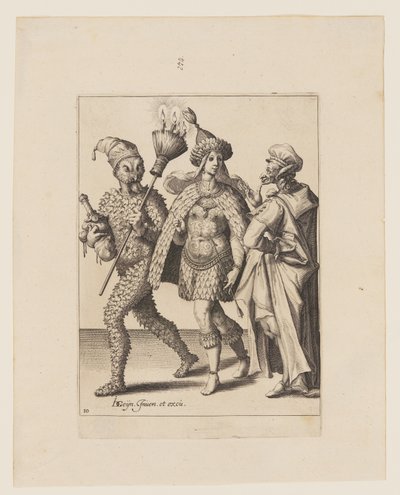 Um velho mummer dirigindo-se a um casal vestido com folhas e penas de pássaro, de As Máscaras de Jacques de Gheyn II