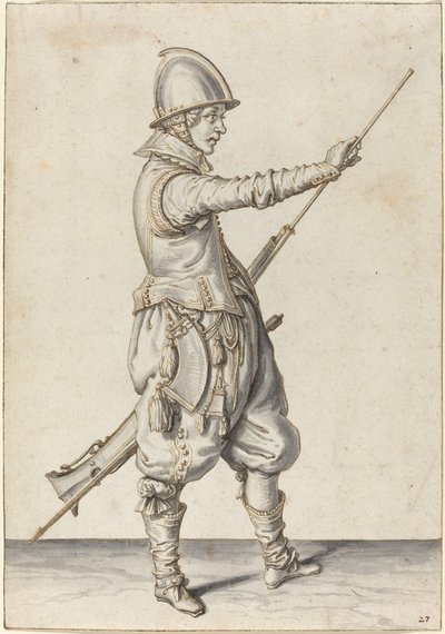 Soldado elegantemente vestido socando seu calibrador de Jacques de Gheyn II