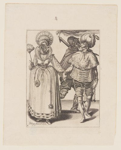 Homem com turbante conduzindo uma mulher que usa penas de pavão e, atrás deles, um portador de tocha, de As máscaras de Jacques de Gheyn II