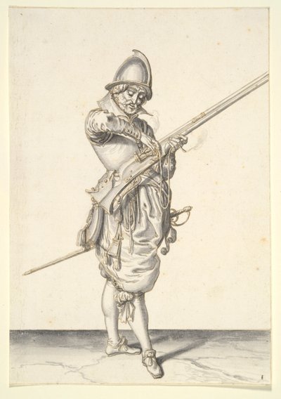 Soldado se preparando para disparar um calibrador de Jacques de Gheyn II