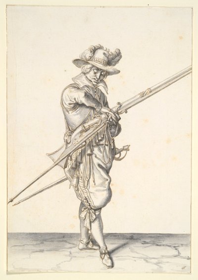 Soldado se preparando para disparar um mosquete de Jacques de Gheyn II