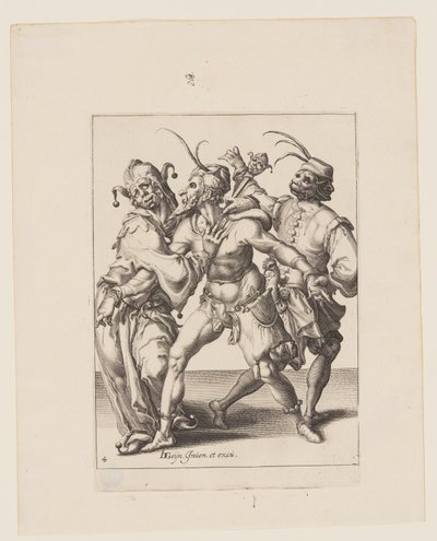 Três Mummers dançantes incluindo um Bobo da Corte, de The Masquerades de Jacques de Gheyn II