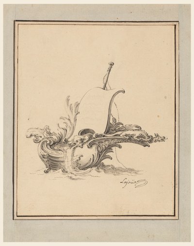 Desenho, Desenho de um escudo em forma de barco com vela, para o Recueil Nouveau de Differens Cartouches, 1734 de Jacques de Lajoüe