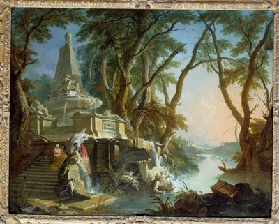 Paisagem compõe ou "o rio" Fonte Piramidal com estátua de Netuno quebrada. Pintura de Jacques de Lajoue (1686-1761) Sol do século XVIII. 0,81 x 1,01 m de Jacques de Lajoüe