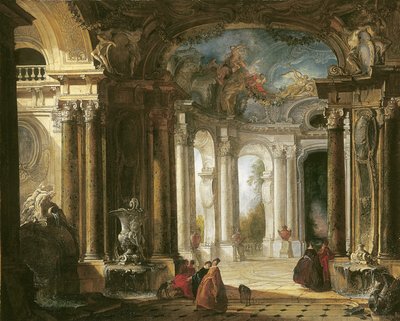 O interior de um palácio barroco com companhia elegante conversando por fontes de Jacques de Lajoüe
