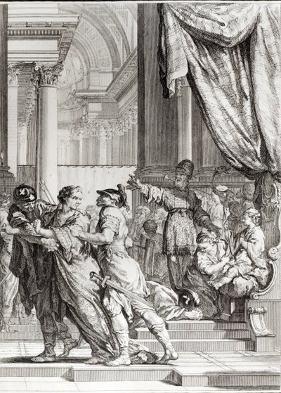 Jeoiada, sumo sacerdote de Jerusalém Proclamando o príncipe Joás como rei de Judá, cena de &39;Athalie&39; por Jean Racine (1639-99) gravada por Jean-Jacques Flipart (1719-82) de Jacques de Seve