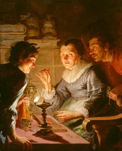 Neerlandês: Uma velhota endinheirada: alegoria sobre a avareza A pesadora de ouro de Jacques de l