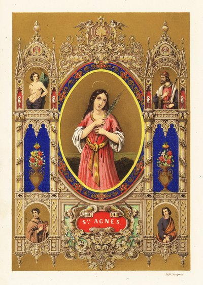 Retrato de Santa Agnes de Roma, mártir virgem, com auréola e palmeira dentro de uma borda decorativa de Jacquet Jacquet